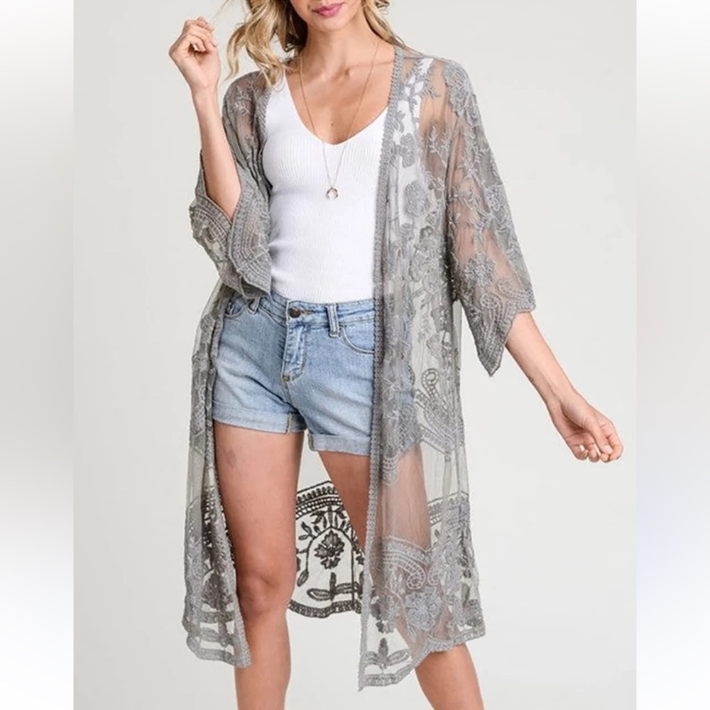 Jodifl Gray Lace Duster Cardigan Kimono Beach Coverup